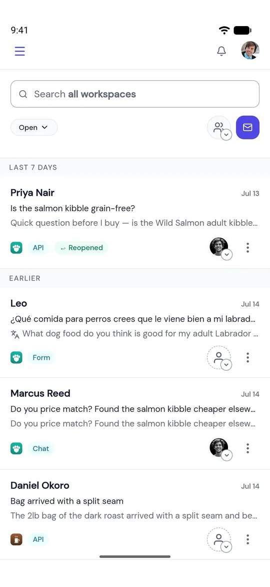 The open conversations in the AcornReply Android app