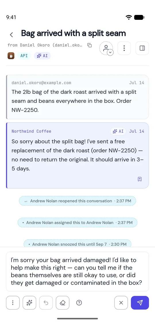 An AI draft ready to edit in the AcornReply Android app